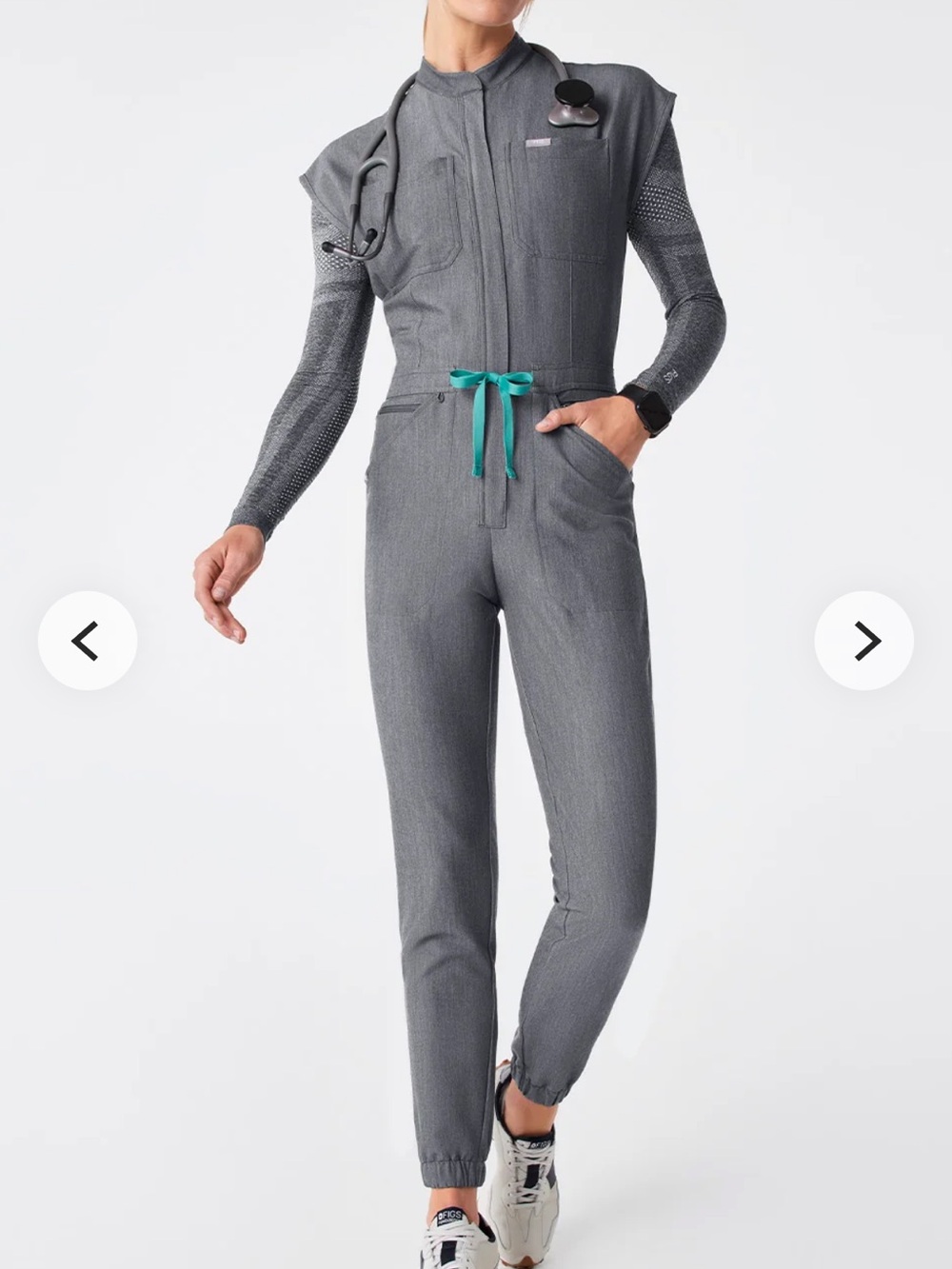 FIGS Slim Gray Scrub Jumpsuit with Teal Drawstring